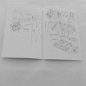 May include: A black and white sketch of a book's open pages. One page depicts a cityscape near a cliff with the text "AWAY FROM THAT PLACE." The other page shows figures, plants, and a turntable with the text "CLAIMING MY FUTURE."