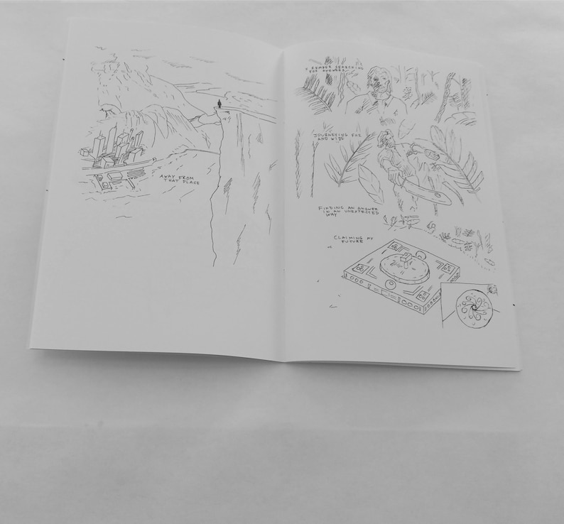May include: A black and white sketch of a book's open pages. One page depicts a cityscape near a cliff with the text "AWAY FROM THAT PLACE." The other page shows figures, plants, and a turntable with the text "CLAIMING MY FUTURE."