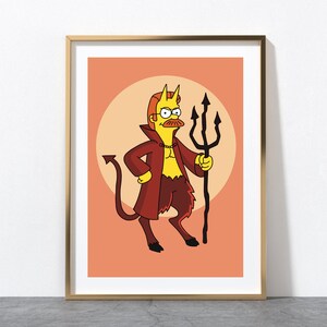 May include: A yellow cartoon character with red hair and a moustache dressed as a devil with a red robe and a pitchfork. The character is standing on a peach background.