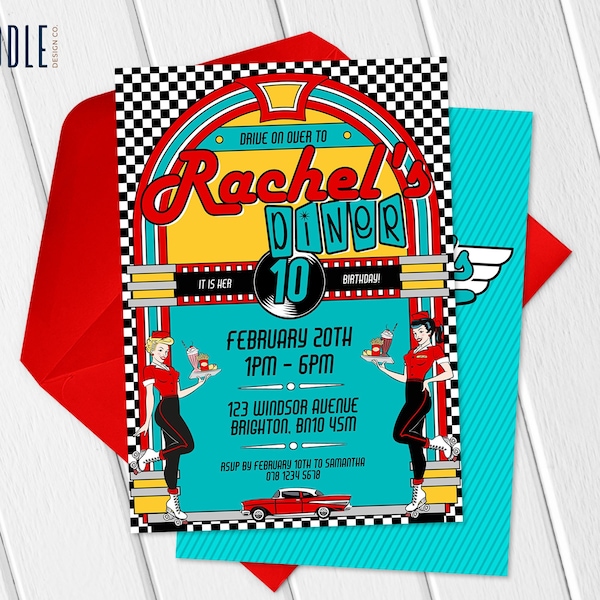 Retro 50's Diner Party Invitation | DIGITAL | Printable | DIY | Editable | Instant Download | Sock Hop | Drive-In | Jukebox | Chevy | Red