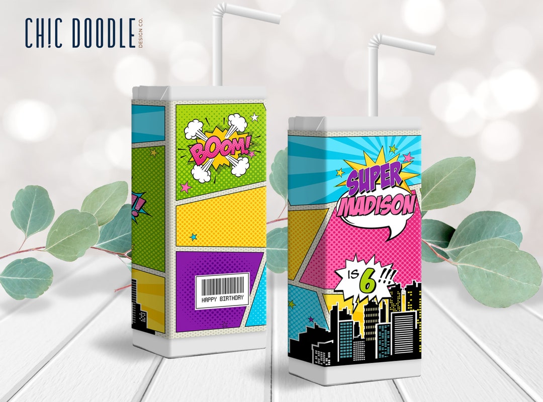 Pop Art Superhero Comic Juice Box Labels DIGITAL Printable Editable ...
