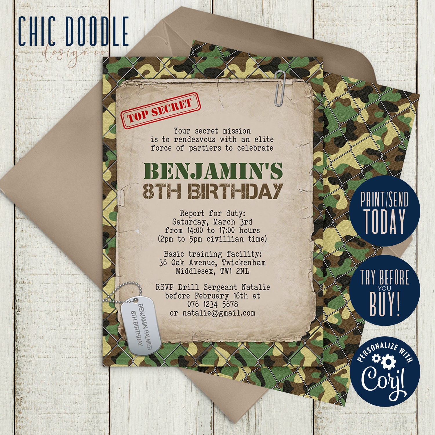 Army Military Camouflage Invitation Top Secret Mission Etsy