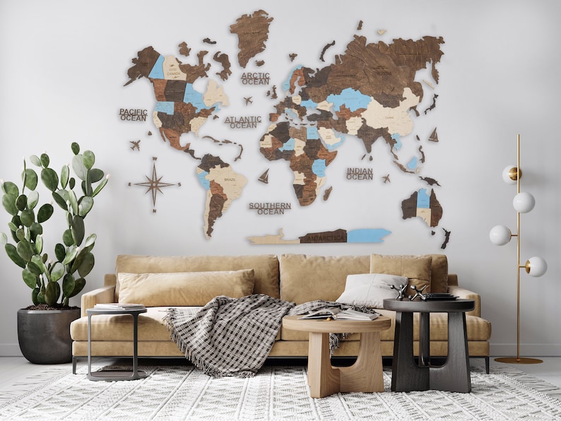 World Map Wall Art Home Decor Wood Wall Map Large Travel Etsy