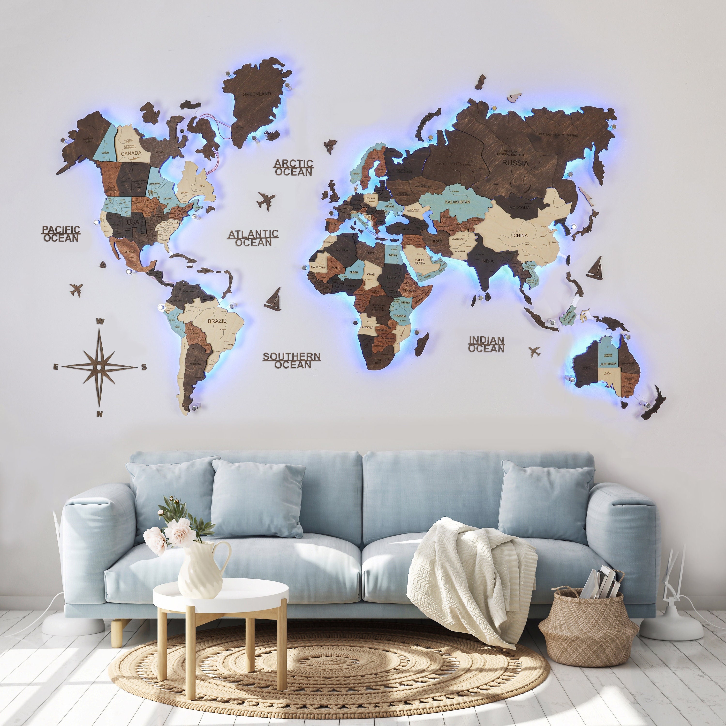 3D World Map LED Light up World Map Large Wall Decor Wood Etsy Australia