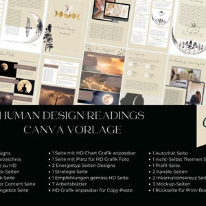 May include: A beige and brown Canva template for Human Design Readings. The template includes a title page, a table of contents, and several pages with different sections, such as "Overview", "Strategy", and "Recommendations". The template also includes a variety of graphics, such as moons, trees, and birds.