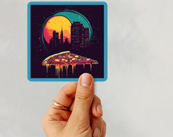 May include: A sticker featuring a colorful illustration of a pizza slice dripping over a cityscape with a yellow sun in the background.