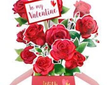 Könnte beinhalten: Eine Pop-up-Karte mit einem Strauß roter Rosen in einer Schachtel. Die Karte trägt den Text "To my Valentine" und "With Love" in goldenen Lettern.