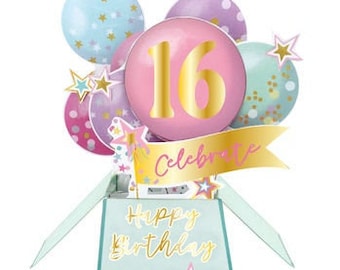 Happy 16th Birthday Card 3D Pop Up Balloons Card for Female Daughter Friend Sister Niece Granddaughter