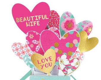 Carte pop-up Happy Birthday To a Beautiful Wife Carte 3D souvenir coeurs roses