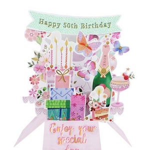 Feliz 50º aniversário Garrafa e presentes Cartão pop-up 3D Cartão Lembrança Flores - Perfeito para ela, mulher, mãe, filha, irmã, amiga, sobrinha