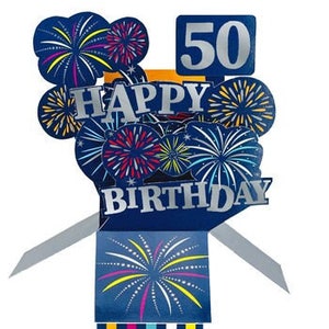 Happy 50th Birthday Feuerwerk 3D Pop Up Karte - Perfekt für Sie Ihn weiblich männlich Mutter Vater Sohn Tochter Onkel Bruder Schwester Freund
