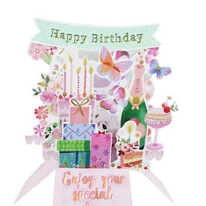 Happy Birthday Flasche & Geschenke Pop Up Karte 3D-Karte Andenken Blumen - Perfekt für Sie, Frau, Mutter, Tochter, Schwester, Freund, Nichte