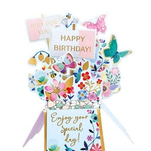 Happy Birthday Flowers & Butterflies Pop Up Card 3D Card Keepsake - Perfect for her, female, mum, daughter, sister, friend, niece