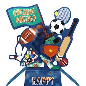Carte Pop Up 3D Joyeux Anniversaire Frère Sport - Tu es Génial - Football Rugby Tennis