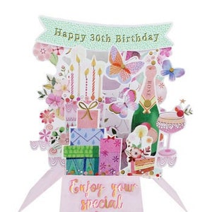 Happy 30th Birthday Flasche & Geschenke Pop Up Karte 3D Karte Andenken Blumen - Perfekt für Sie, Frau, Mutter, Tochter, Schwester, Freund, Nichte