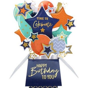 Feliz aniversário, hora de comemorar, balão de cartão 3D pop-up e estrelas - perfeito para ela, ele, mulher, homem, mãe, pai, filho, filha, irmão, irmã, amigo