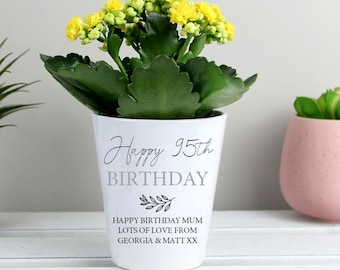 Personalised Happy 95th Birthday Mini Ceramic Plant Flower Pot - White Planter for him her male female mum dad gran grandad uncle friend