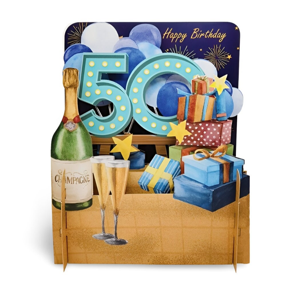 50th Pop up 3D Birthday Greeting Card - Champagne 50th Birthday Card ...