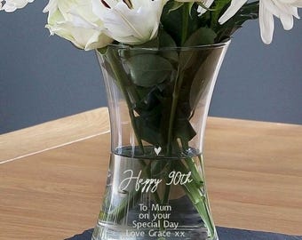 Personalised Happy 90th Birthday Glass Decorative Vase - 90th Birthday Gift for Him or Her
