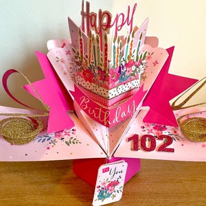 Cartão pop-up 3D de aniversário de 102 anos, flores de lembrança - Mulher, mãe, avó, avó, irmã, amiga