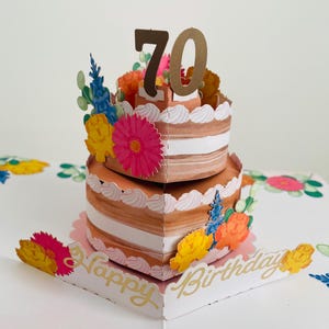 Carte 3D pop-up 70e anniversaire, gâteau souvenir et fleurs - Femme Maman, grand-mère, soeur, amie