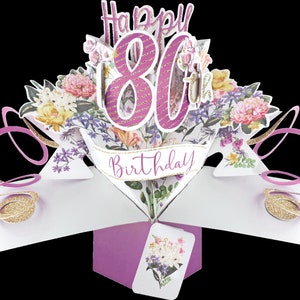 80th Birthday Pop Up 3D Card Keepsake Flowers - Female Mum Gran Grandma Sister Friend