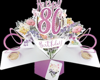 80th Birthday Pop Up 3D Card Keepsake Flowers - Female Mum Gran Grandma Sister Friend