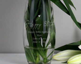 Personalised Happy 80th Birthday Bullet Glass Decorative Vase - 80th Birthday Gift for Him or Her