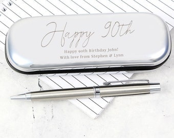 Personalised Engraved 90th Birthday Silver Pen and Box Set - Gifts for Him & Her