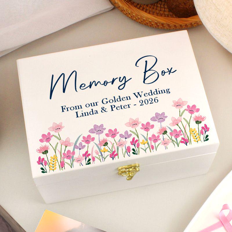 Personalised 50th Anniversary Memory Box - White Wooden Wild