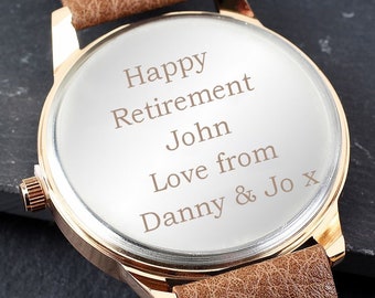 Personalised Happy Retirement Mens Watch with Brown Strap, Rose Gold Tone and Presentation Box - Retirement Gift