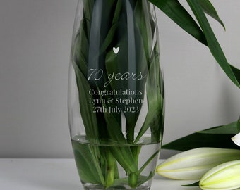 Personalised 70th Platinum Anniversary Bullet Glass Vase - 70 years together platinum wedding gift