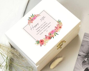 Personalised 30th Birthday Memory Box - White Wooden Flower Design - 30 Gift for her, woman, mum, friend, sister, daughter, granddaughter