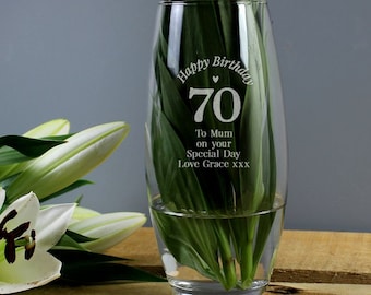 Personalised Happy 70th Birthday Bullet Glass Decorative Vase - 70th Birthday Gift for Him or Her