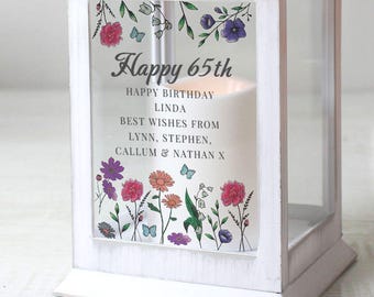 Personalised 65th Birthday Lantern - Wild Flowers White LED Lantern - Female Mum Gran Grandma Sister Friend