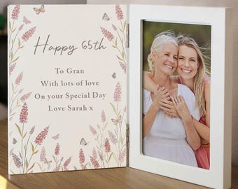 Personalised Happy 65th Birthday Floral Wooden Hinged 6x4 Photo Frame - 65 gift for him or her, mum, gran, dad, nan, aunt, friend, sister