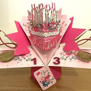 13. Geburtstag Pop Up 3D Karte Andenken Geburtstagskuchen - Made to order - Ideal für weibliche Mädchen Tochter Enkelin Freund