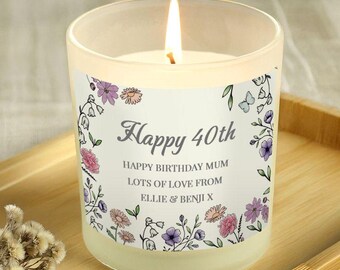 Personalised Happy 40th Birthday Wild Flowers Glass Candle - 40 birthday gift for her, woman, mum, daughter, aunt, sister, friend, cousin
