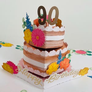 90° compleanno Pop Up 3D Card Ricordo Torta e fiori - Donna Mamma Nonna Sorella Amica