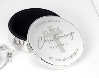 Personalised Christening Round Trinket Box - Christening gift for boy or girl