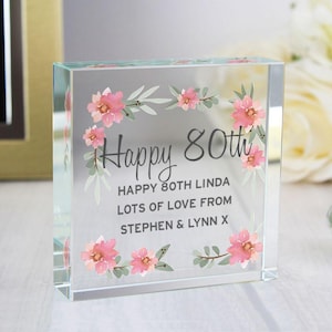 Personalised Happy 80th Birthday Gift Small Crystal Plaque, Birthday Gift For Nan, Gran, Mum, 80, Floral 80th Gift, Gifts for Her