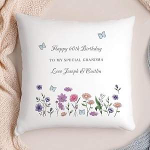 Personalised 60th Birthday Floral Cushion - 60th Birthday Gift ideal for Mum, Gran, Grandma, Sister, Aunt, Friend