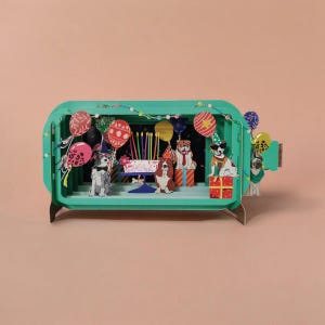 Pop Up 3D Dogs and Cake Card - Message in a Bottle design suitable for birthday or celebration, congratulations