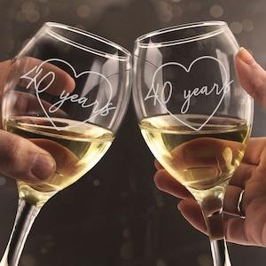 40th Ruby Anniversary Set of 2 Wine Glasses - 40 years together heart wine glass