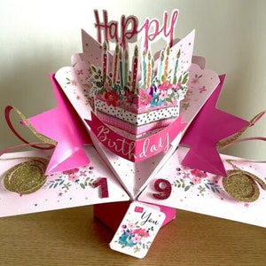Carte de voeux pop-up 3D Happy 19th Birthday 19 Today, idéale pour une amie, une petite-fille, une soeur ou une nièce