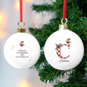 Adorno inicial personalizado de Little Robin, decoración navideña blanca para niños