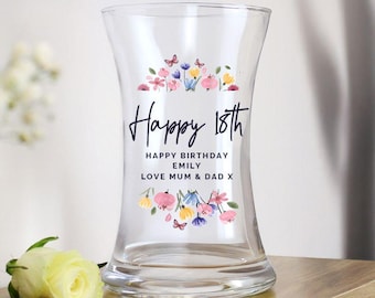 Jarrón decorativo de cristal personalizado con texto "Feliz 18.º cumpleaños": regalo para él o para ella
