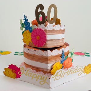 Carte 3D pop-up 60e anniversaire, gâteau souvenir et fleurs - Femme maman grand-mère soeur amie tante
