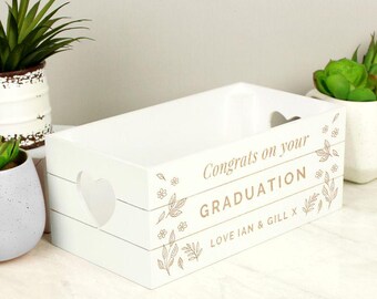 Personalised Happy Graduation White Wooden Storage Crate - Ideal for storing memories, cards, gifts - Graduation gift for her, female