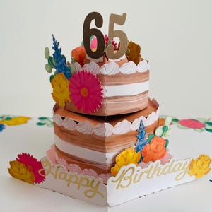 65th Birthday Pop Up 3D Card Keepsake Cake & Flowers - Female Mum Gran Grandma Sister Friend Aunt